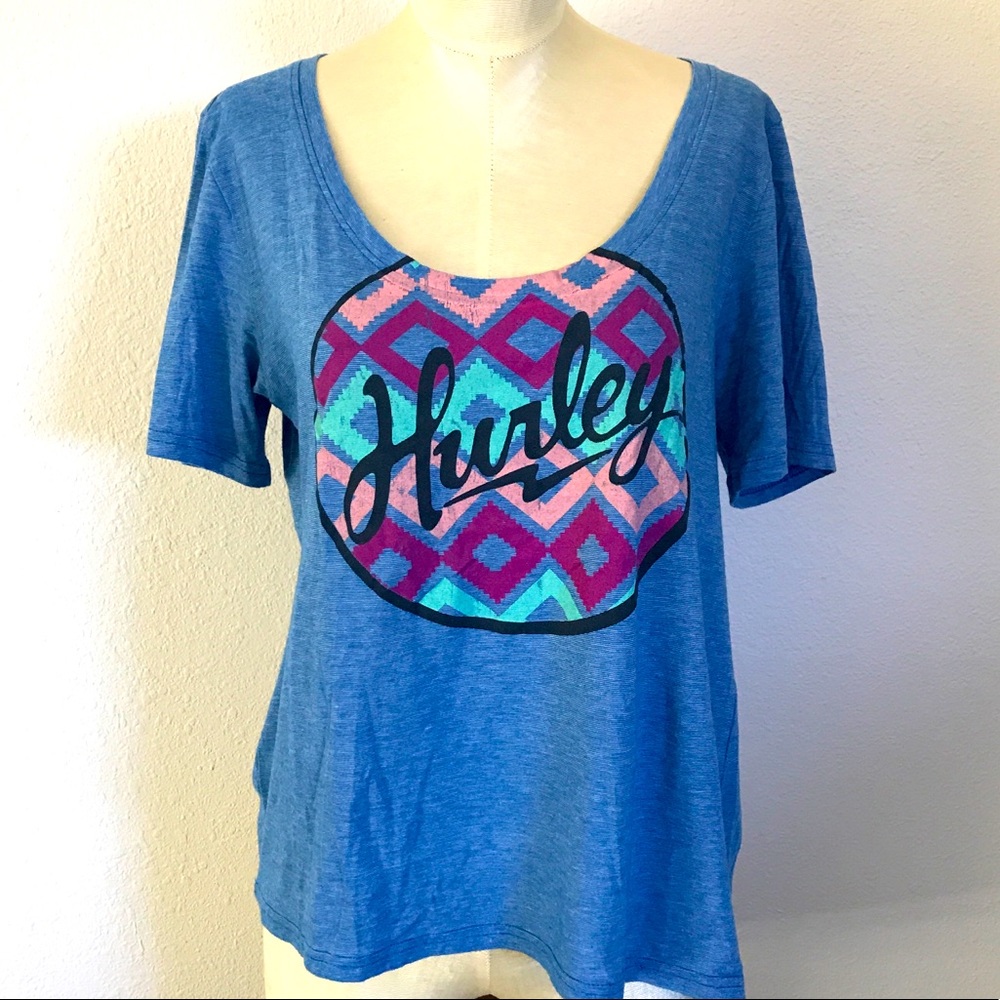 Hurley Blue Scoop Neck Tee with Rainbow Logo Print